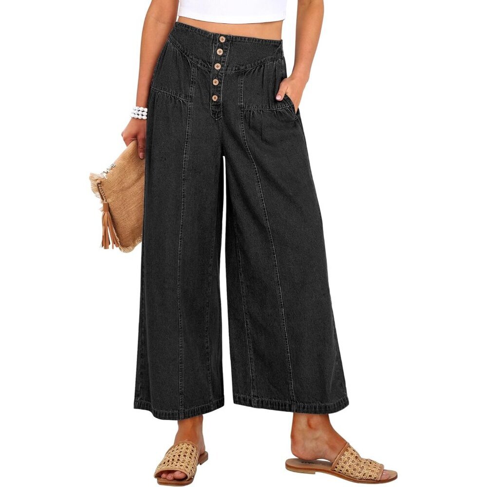 Womens Wide Leg Barrel Jeans Denim High Waisted Cropped Pockets Casual